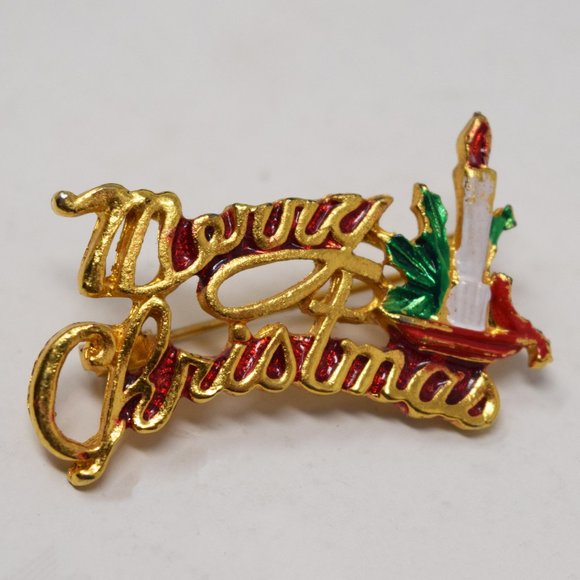 Merry Christmas Brooch Candle Goldtone Holiday Retro Festive Pin Party Office - Picture 3 of 8